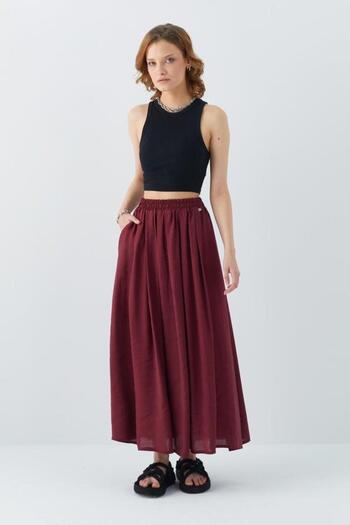Mixray 4612 Burgundy Women's Skirt - Loose Fitting with Side Pockets and Pleats