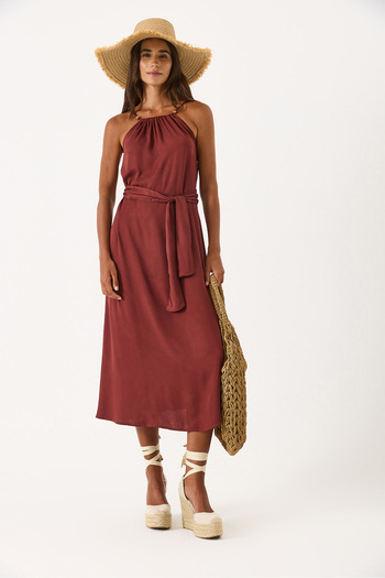 VENA Marmaris Beaded Strap Satin Dress - Bordo