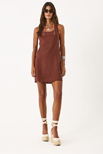 VENA 100% Linen Dress with Back Detail - Brown