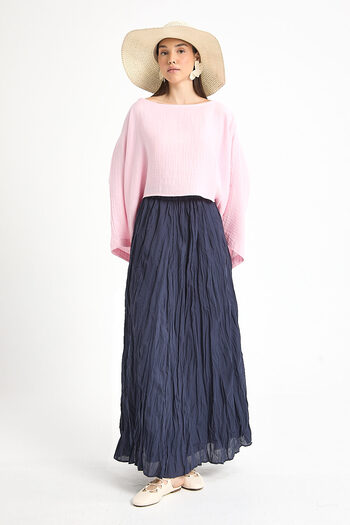 minaaise Women's Navy Blue Voile Fabric Wrinkled Long Lined Skirt 29062