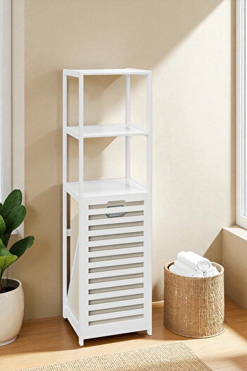 Digithome Bambu Beyaz Mat Lake Kirli Sepetli 3 Raflı Banyo Düzenleyici Çamaşır Sepeti DB-0019