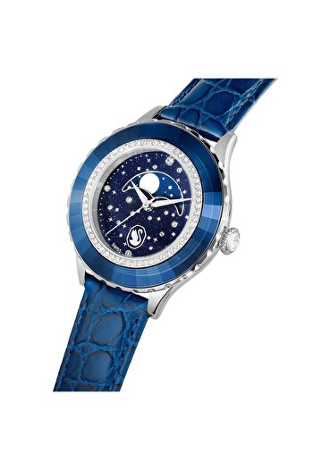 Swarovski Octea Moon Saat, Isviçre Üretimi, Ay, Deri Kayış, Mavi, Paslanmaz Çelik