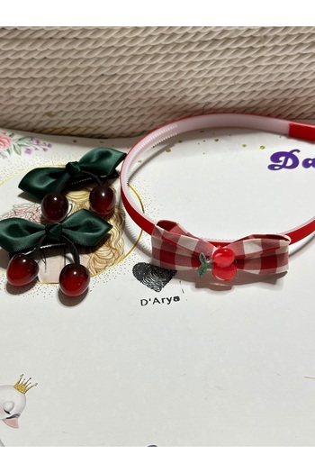 Darya Dd426 Green Satin Ribbon Red Glass Cherry Gingham Plaid Crown Figured Hair Accessory Set (Set of 2)