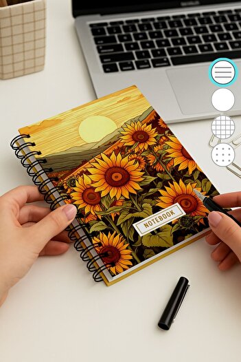 Eldesen Tasarım A5 Spiral Thick Cover Lined Notepad, 80 Sheets 160 Pages, Moon Flower