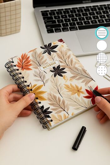 Eldesen Tasarım A5 Spiral Thick Cover Lined Notepad, 80 Sheets 160 Pages, Leafy
