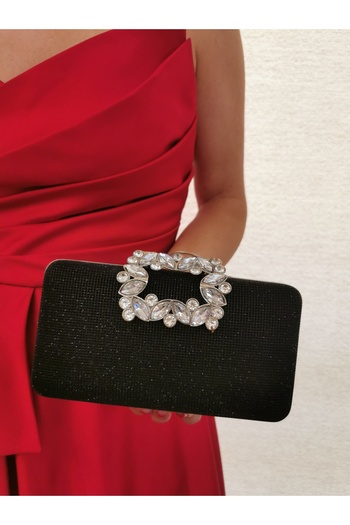 NAZART Women's Big Stone Look Black Evening Dress Clutch Chain Strap Handheld Wedding Engagement Night Shoulder Bag