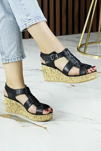 Erkan Saçmacı Xena Black Genuine Calfskin Cork Sole Look Wedge Heeled Gladiator Sandals
