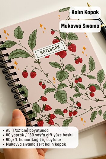 Eldesen Tasarım A5 Spiral Thick Cover Unlined Notepad, 80 Sheets 160 Pages, Pink Strawberry