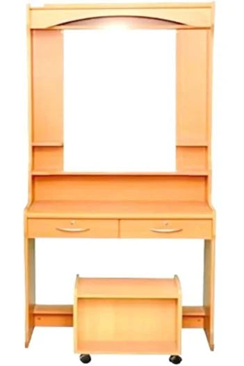 AWF AL WADI FURNITURE Wooden Large Dresser Table Vanity Table with Lockable Drawers and Stool Beige