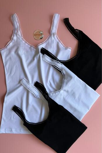 Elosia Elva Sheer. |   4-Piece Black and White Color Tulle Detailed Strap V-Neck Women's T-Shirt Undershirt 64E60