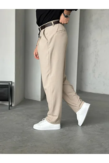 MENOFOURSWEAR Beige Pleated Baggy Fabric Trousers