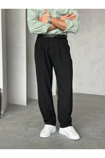MENOFOURSWEAR Erkek Siyah Pileli Baggy Kumaş Pantolon