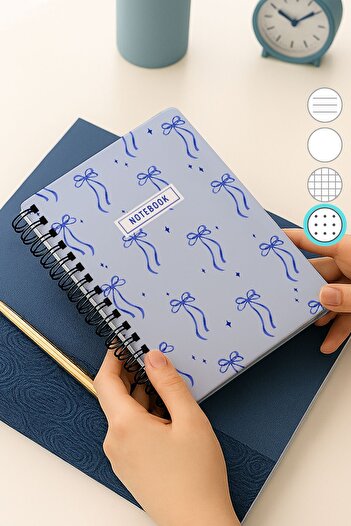 Eldesen Tasarım A5 Spiral Thick Cover Dotted Notepad, 80 Sheets 160 Pages, Blue Bow