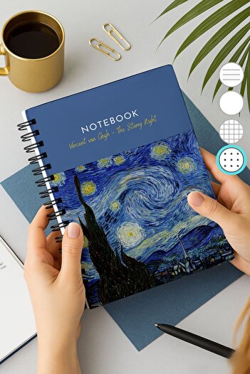 Eldesen Tasarım Van Gogh Thick Cover Dotted Notebook, A5 Size 80 Sheets 160 Pages, Dotted Notebook