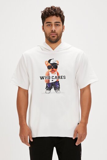Bad Bear Mood White Men's Printed Hoodie Sweatshirt