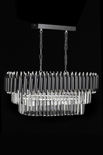 Avizemoda Palmira 75x35 Cm Kristal Taşlı Lüks Yemek Masası Üstü Avize 6'lı - (SİYAH-KROM)
