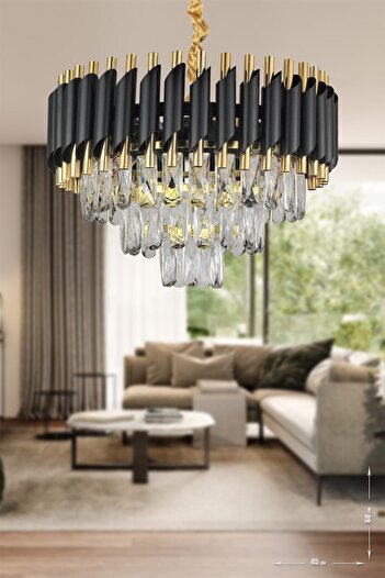 Avizemoda Palmira 45'lik Prizma Kesim Kristal Taşlı Lüks Avize - (siyah-gold)