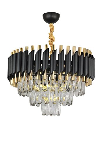 Avizemoda Palmira 45'lik Prizma Kesim Kristal Taşlı Lüks Avize - (siyah-gold)