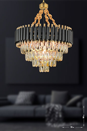 Avizemoda Palmira 55'lik Prizma Kesim Kristal Taşlı Lüks Avize - (siyah-gold)
