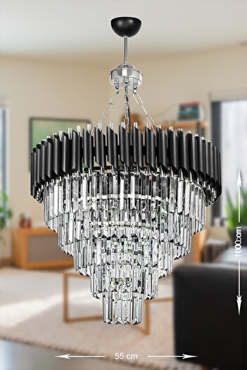 Avizemoda Palmira 55 Cm'lik Kristal Taşlı Lüks Avize 5'li - (siyah-krom)