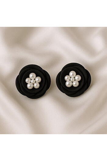 Lu Atelier Perlina - Black Flower Form, Handmade Elegant Earrings with Pearls
