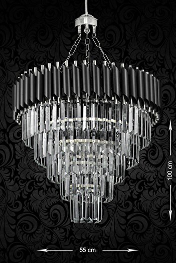 Avizemoda Palmira 55 Cm'lik Kristal Taşlı Lüks Avize 5'li - (siyah-krom)
