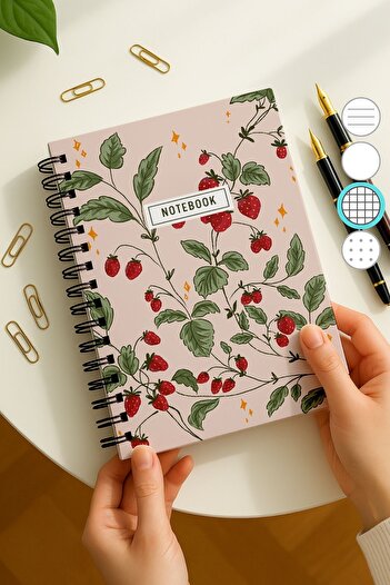Eldesen Tasarım A5 Spiral Thick Cover Checkered Notepad, 80 Sheets 160 Pages, Pink Strawberry