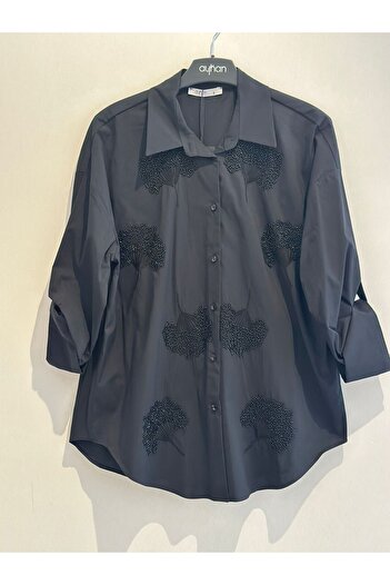 AYHAN Bead Embroidered Foldable Sleeve Cotton Shirt