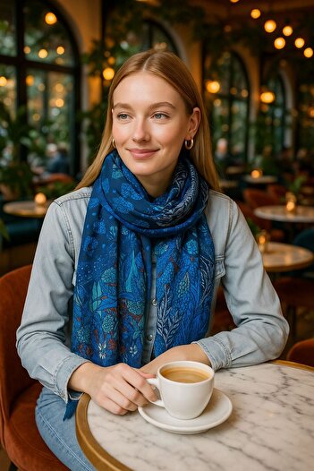 Axesoire 15077 Flower Patterned Saxe Blue Shawl