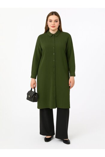 ALİA Muslin Fabric Long Plus Size Tunic - Khaki - Alia