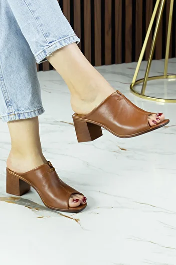 Erkan Saçmacı Valery Brown Genuine Calfskin Open Front Thick Heeled Slippers