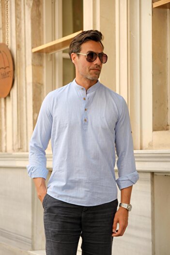 Fitmens Slim Fit Uzun Kol Hakim Yaka Yarım Patlı Hediye Kutulu Erkek Gömlek FS-003687 - Mavi