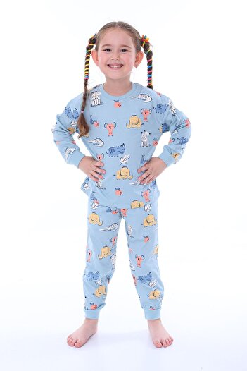ZUZUNGA Sevimli Hayvanlar Koala-Fil-Timsah  Unisex Mavi Pijama Takımı