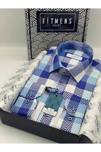Fitmens Slim Fit Uzun Kol Dijital Baskılı Likralı Yaka Alttan Düğmeli Renkli Gömlek FS-003232 - Mavi