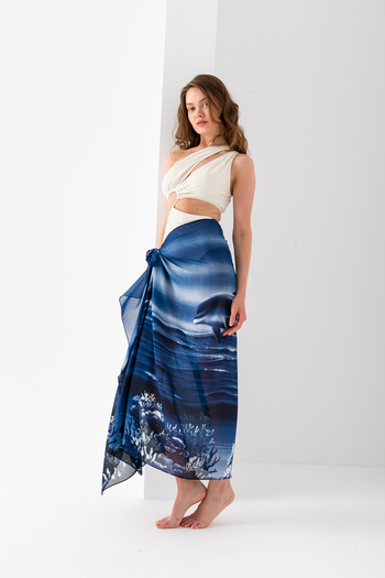 Wega Moda Aquarium Dolphin Pattern Chiffon Pareo, Digital Printing, Quick Dry Pareo, 200X100Cm, Beach Clothing, Pareo