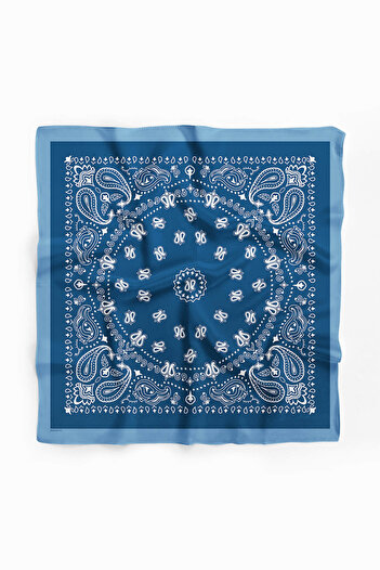 Modabutik Kadın Mavi Beyaz Etnik Desenli 50x50 Bandana