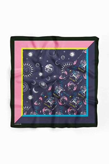 Modabutik H2 Kadın Mavi Süper Star Desenli 50x50 Bandana
