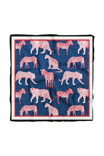 Modabutik H50 Kadın Mavi Kırmızı Animal Desenli 50x50 Bandana Hyl Dg01695-22
