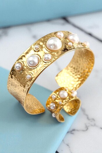 Pointmod Anita Rice Oyster and Starfish Flower Various Patterns Gold Color Handcuff Bracelet Ring Set