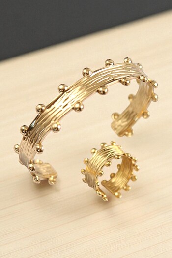 Pointmod Anita Rice Oyster and Starfish Flower Various Patterns Gold Color Bracelet Ring Set