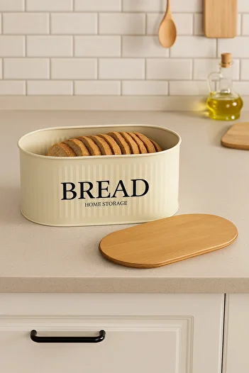 hemlife Metal Bread Bowl with Wooden Lid, Bread Box Cream