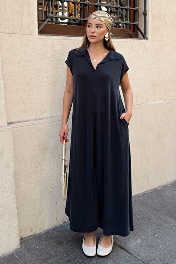 Swist Smoked Lea Pola Collar Pique Modal Pocket Casual Women's Midi Dress