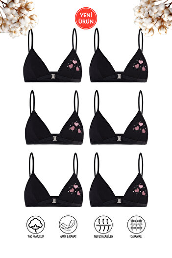 ÖZKAN underwear Özkan 0872 6'lı Paket Kız Çocuk Pamuklu Pedsiz Kapsız Kalp Desenli Alıştırma Sütyeni Büstiyer Likra