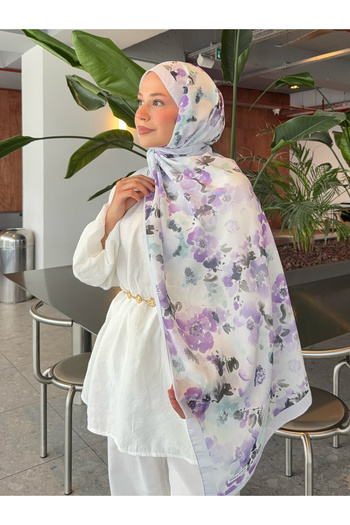Mira İpek Retro Patterned Cotton Shawl Inspiration Series Purple Lilac Flower Ps49