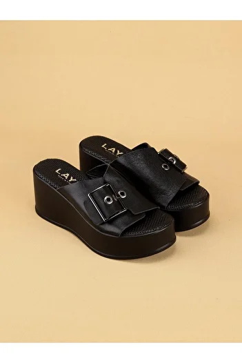 layki Servy Buckle Black Platform Heel Genuine Leather Women's Slippers