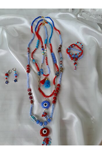 Minnoş Dükkan Bohemian Style Evil Eye Beaded Necklace Bracelet Earring Set