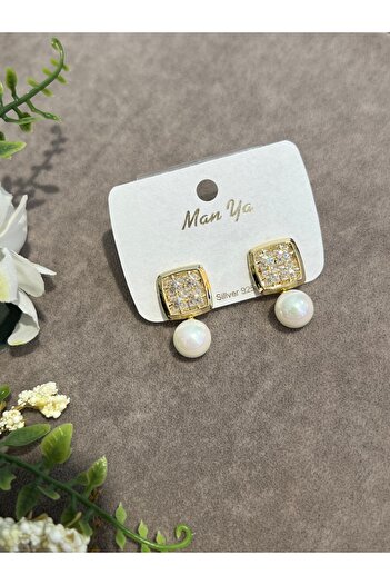 VİYA Gold Edge Zircon Stone Pearl Earrings Steel Earrings