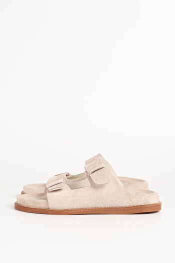 Haşema Women's Suede Double Striped Beige Slippers 156-17