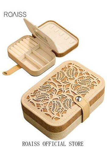 ROAISS Elegant Brown and Beige Jewelry Storage Box Portable Lightweight Double Layer
