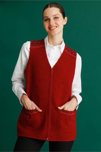 Desen Triko Women's V-Neck Felt Zippered Short Wool Vest in the Front Y.Red